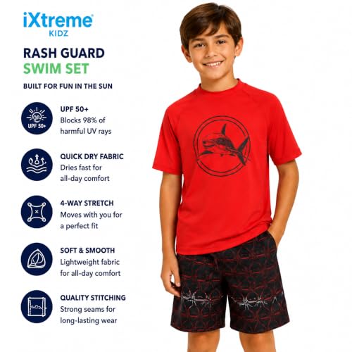 Boys 2-Piece Rash Guard Swim Set - Short Sleeve & Trunks - Red/Black Shark