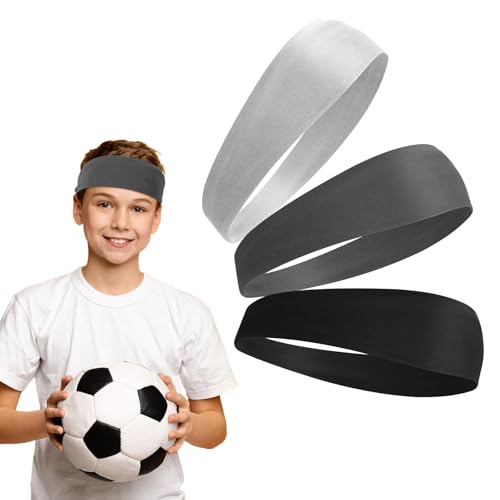 Kids Sports Headbands - 3 Pcs Elastic Sweatbands - Black, White, Grey