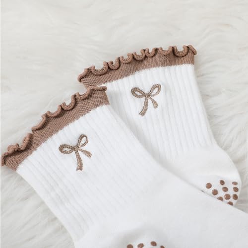 Nonslip Grip Socks for Women - Cute Pilates Socks - Brown Bow