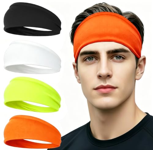4-Pack Stretchy Sports Headbands - Black, White, Orange, Neon Yellow