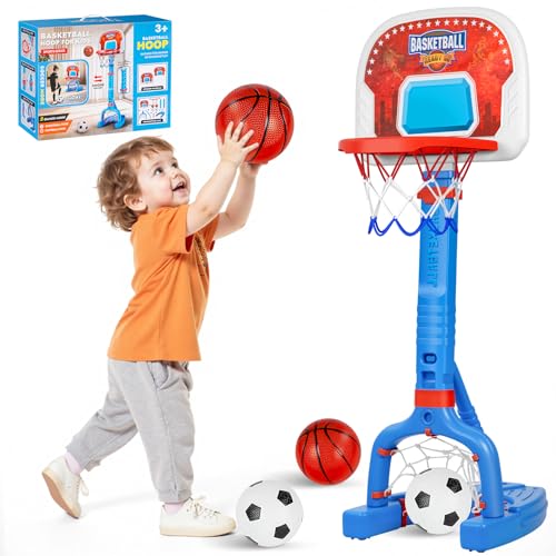 FLMAQE Toddler Adjustable 2-in-1 Basketball Hoop & Soccer Goal - Blue+Red, 4 Balls, Indoor & Pool