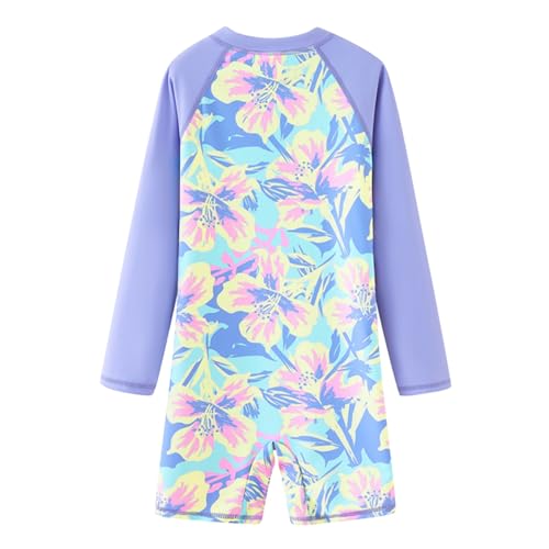 Girls Long Sleeve Rash Guard One Piece Swimsuit - UV Protection, 9-10 Years/Lavender Flower