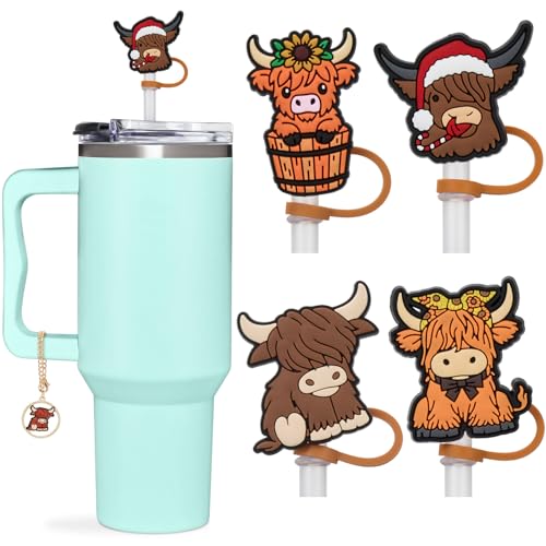Highland Cow Straw Topper Set - 4 Silicone Covers & Keychain