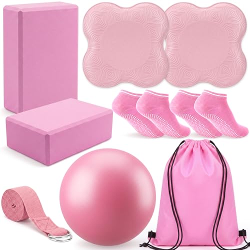9-Piece Yoga Set with Blocks, Knee Pads, Socks & Bag - Pink