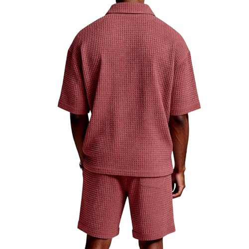 Men's Waffle Knit Polo Shirt and Shorts Set - Watermelon Red, 4X-Large