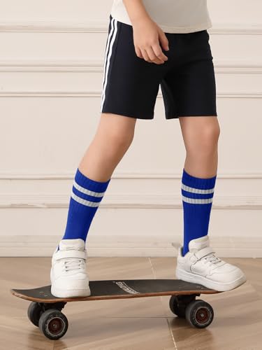 Boys Soccer Athletic Socks - Knee High Striped Sports Socks, Royal Blue, Small