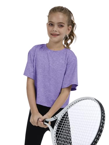 Girls Short Sleeve Crop Top - Athletic Crew Neck Basic Tee - Purple, 5-6Y