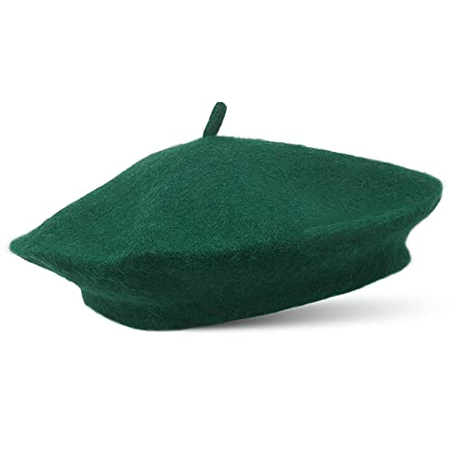Green French Wool Beret Hat - Classic Stretchable Parisian Style - One Size