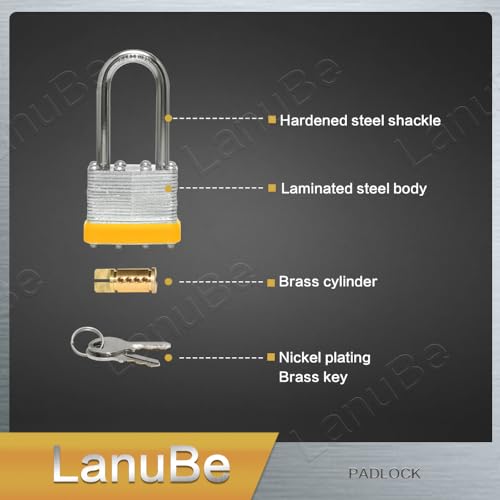 LanuBe Lock Laminated keyed Padlock (1-9/16", 40mm), keyed Alike Locks, Long Shackle,Marked Yellow Plastic Hoop, Pack of 6