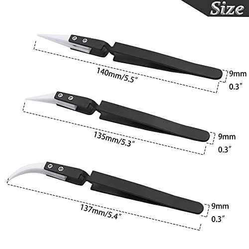 3pcs Stainless Steel Anti-Static Ceramic Solder Tweezers Non-Conductive, Highly Heat Resistant, Anti-Magnetic Straight Curved Tips Precision Tweezers for Electronic Soldering Tool