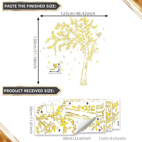 Large Tree Wall Decal - Gold Tree Wall Decals, Peel and Stick Trees Leaves Wall Stickers Foil Stamping Birds Leaf Walls Decor for Classroom Living Room Bedroom Nursery (Gold, 11.8 * 23.6inch)