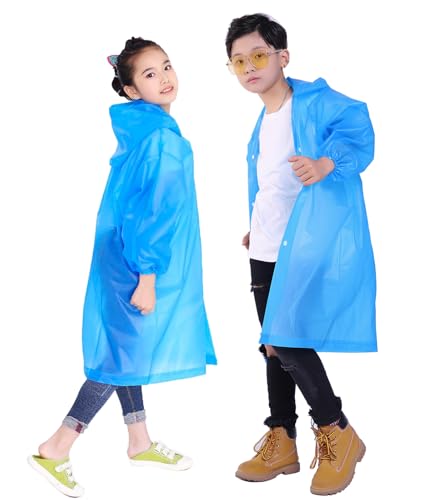 Kids Rain Ponchos 2-Pack for Ages 6-11, Waterproof Reusable Outdoor Rain Jackets Blue