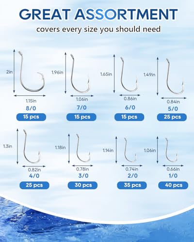UCEC Saltwater Circle Hooks Assortment 200pcs - Fishing Hooks for Catfish & Saltwater Fish, Sizes 1/0-8/0