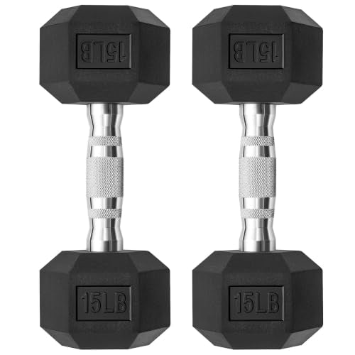 StrongPower Chrome Handle 15 lb Hex Dumbbells Pair – Rubber Coated, Anti-Roll