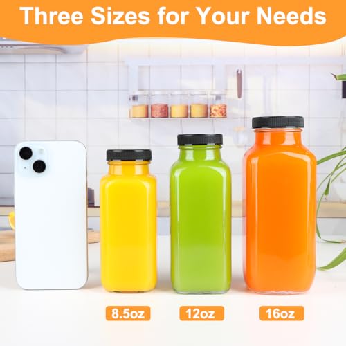 GUANENA 12 oz Square Glass Juice Bottles Set of 6 with Lids, Reusable & BPA-Free