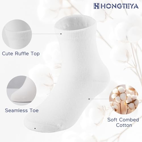 Cotton Girls Socks - Ruffle Crew Ankle School Uniform - Off-white, 6-8 Years