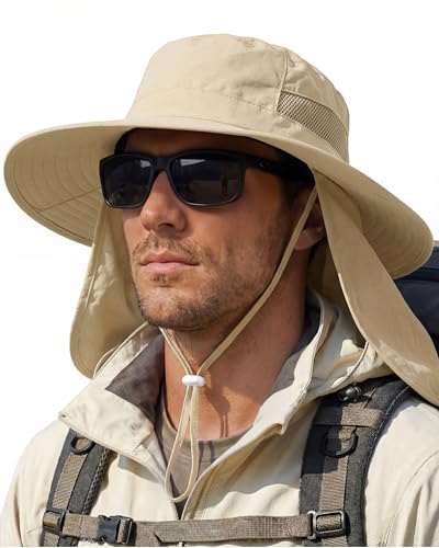 One Size Khaki Sun Hat for Men with Wide Brim & Neck Flap - UV Protection for Fishing & Hiking