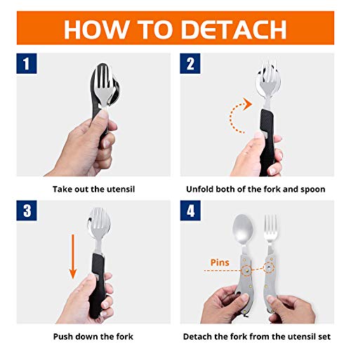 HIKENTURE 2-Pack Black Camping Utensils 4-in-1 Foldable Spoon Fork Knife Set