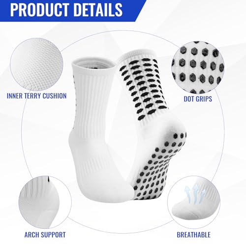 Non-Slip Grip Soccer Socks for Men - 4 Pairs - White