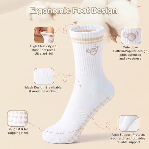 Non-Slip Grip Pilates Socks for Women - 2-Pack Beige Love
