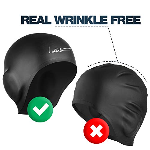 Lahtak Black 3D Silicone Swim Cap with Ear Protection for Adults & Teens
