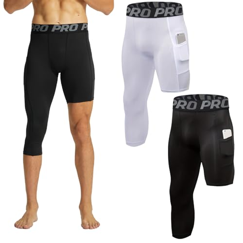 KAHEYQI 2 Pack Men's Compression Tights for Basketball, 3/4 Length Leg Pants, Black/White, Large