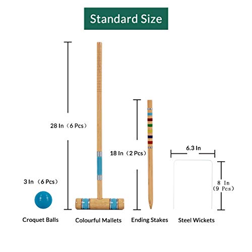 Six Player Croquet Set - 28 Inch Wooden Mallets, Balls & Carry Bag