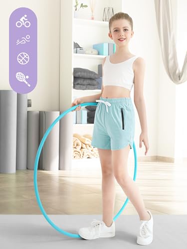 Resinta Girls 4-Pack Dry-Fit Athletic Shorts with Zipper Pockets — Black / Light Blue / Deep Blue / Light Purple