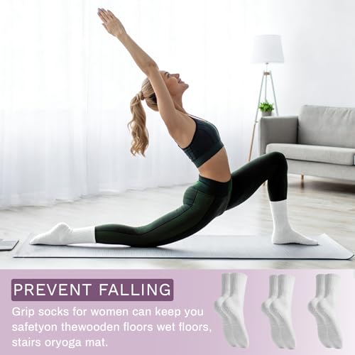 Non-Slip Pilates Socks with Grips for Women - 3 Pairs, White