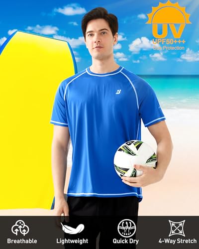 Roadbox Men's UPF 50+ Short Sleeve UV Sun Protection Rash Guard Swim Shirt - Royal Blue, XX-Large