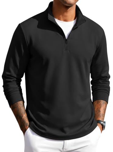 Men's Black Large Quarter Zip Pullover Sweatshirt - Long Sleeve Mock Neck Sweater
