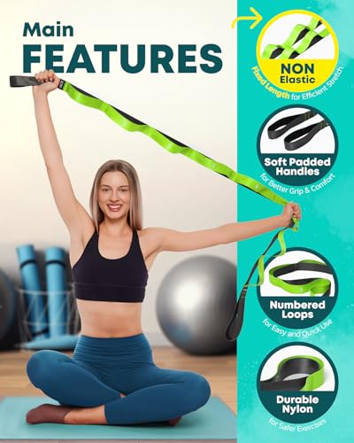 Non-Elastic Yoga Stretching Strap with 12 Loops - Green
