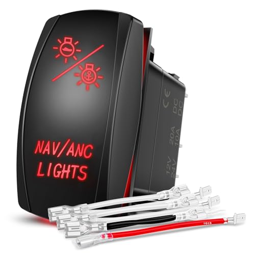 Nilight Red NAV/ANC 7Pin Rocker Switch with Jumper Wires - Marine & Automotive Use