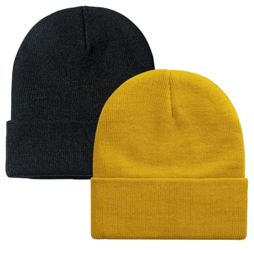 Slouchy Beanie Hat for Men & Women - 2 Pack Black & Yellow