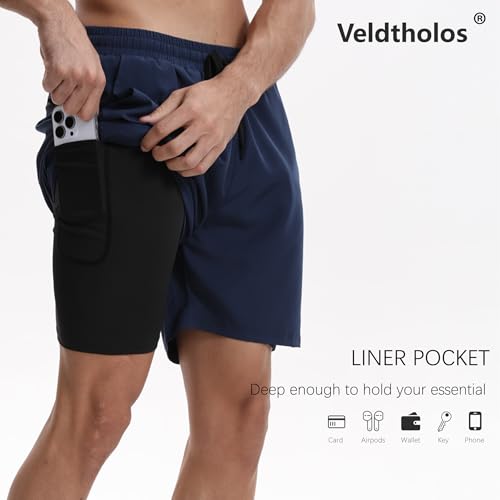 Veldtholos 4 Pack Men's 2-in-1 Athletic Running Shorts with Liner - Large, Black/Blue/Gray/Green