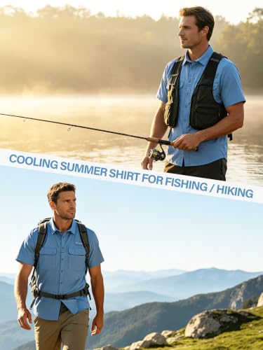Satankud Men's Short Sleeve Hiking & Fishing Shirt XX-Large Mist Blue Sun Protection Cooling Travel
