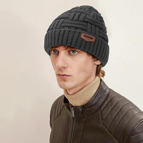 Loritta Men's Thick Warm Slouchy Beanie Skull Cap 2-Pack, One Size, Black & Gray