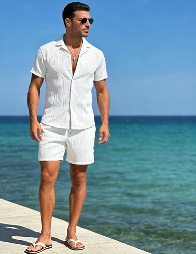 UOUA Men's Summer 2-Piece Short Sleeve Shirt & Shorts Set - Cubawhite, Large