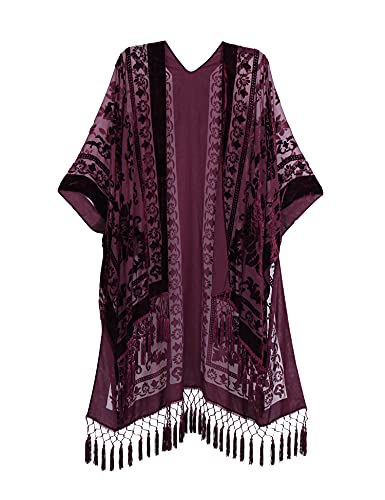 WeHello Women's Burgundy Burnout Velvet Kimono Cardigan with Tassels - Long Cover Up