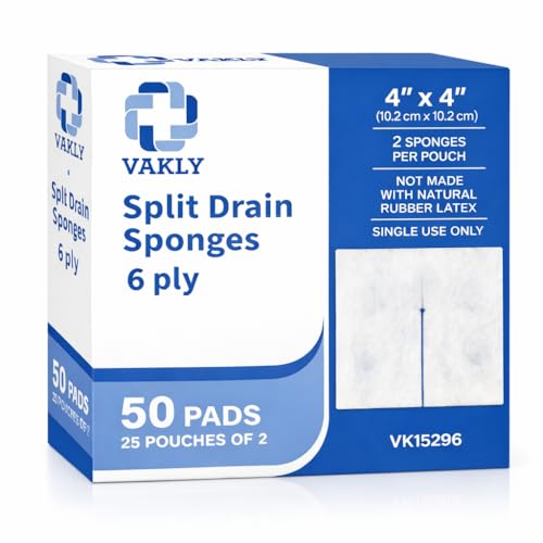Vakly Sterile Split Drain Sponge Gauze 4 x 4, 6-Ply, 50 Pack