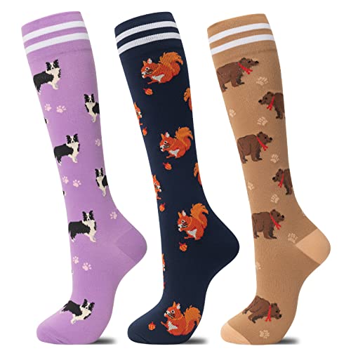 Fenglaoda Compression Socks for Women Men 3 Pairs Small-Medium White Bear/Squirrel/14-dogs