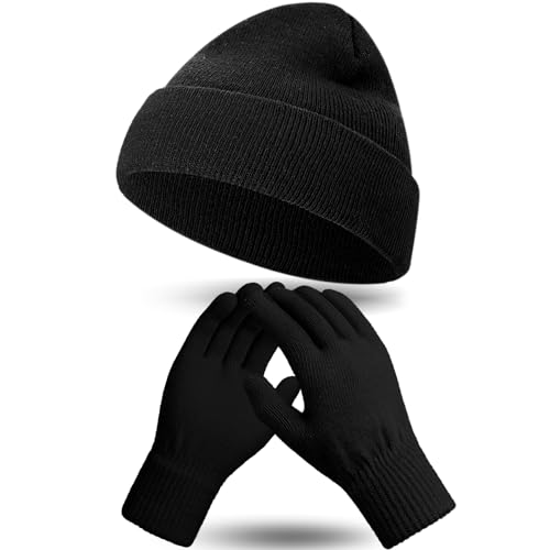 Winter Beanie Hat and Gloves Set - Black
