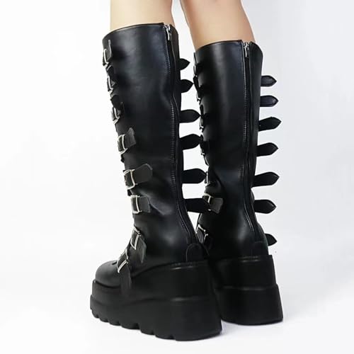 Women’s Platform Punk Goth Mid Calf Boots - Chunky Heel - Black