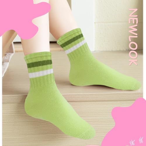 Girls Crew Socks - 10 Pairs Athletic Cotton Lightweight 3-5T Multicolor