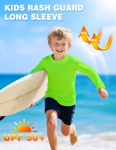 Guicizi Boys Rash Guard Swim Shirt Long Sleeve UPF 50+ Neon Green 7-8Y Sun Protection Activewear