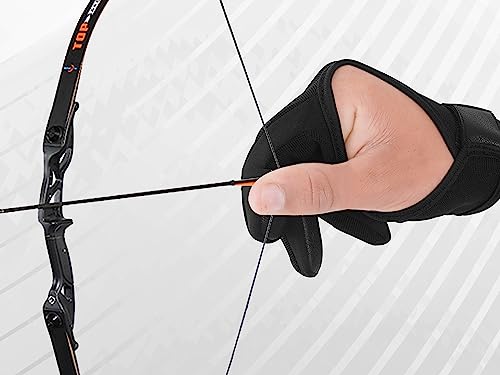 Genuine Leather Archery Gloves - 3 Finger Protector - Black 4-Way Stretch Fabric - Youth-Medium
