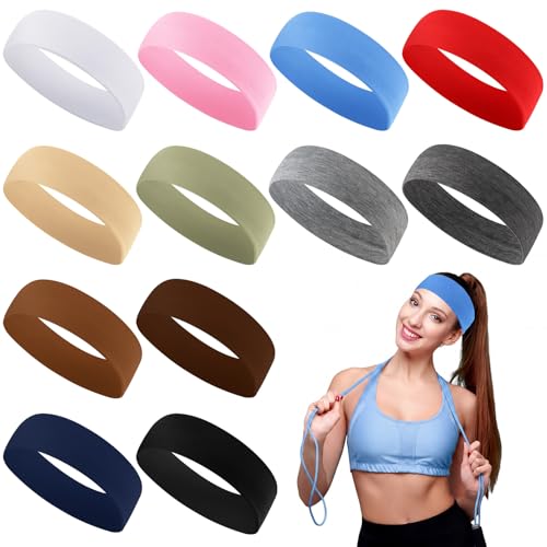 12 Pack Sport Headbands - Elastic Sweatbands for Women, 12 Colors