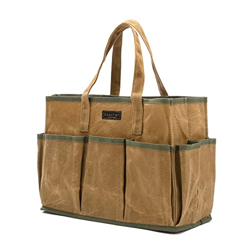 16OZ Waxed Canvas Tool Tote Bag | Large-Capacity Tool Storage Tote with 10 External Pockets | Multi-Purpose Garden Tool Carrier for Gardening, Wrench, and Carpentry Tools ? Khaki