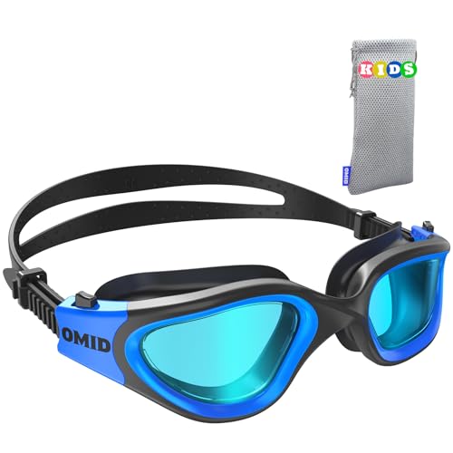 OMID Kids Swim Goggles A0-Black Blue Frame Clear Blue Lens - Comfortable, Anti-Fog, UV Protection for Ages 6-14