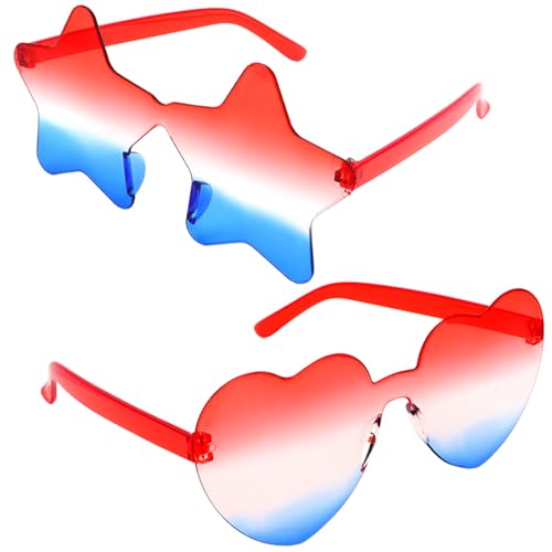 Rimless Star Shaped Sunglasses - 2 Pair Set - Red White and Blue